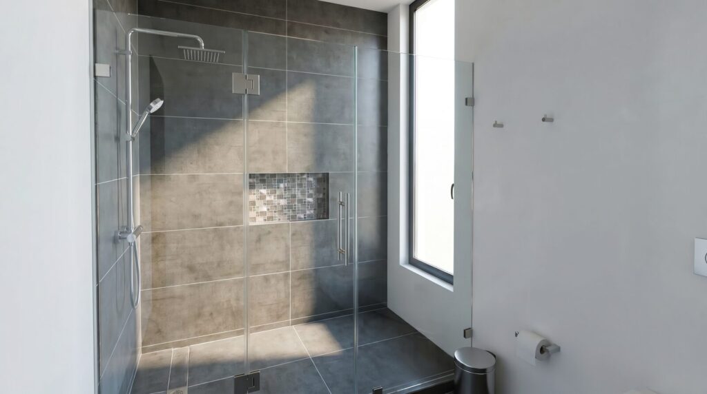 Cabina de baño en vidrio templado con herrajes en acero inoxidable en un baño moderno