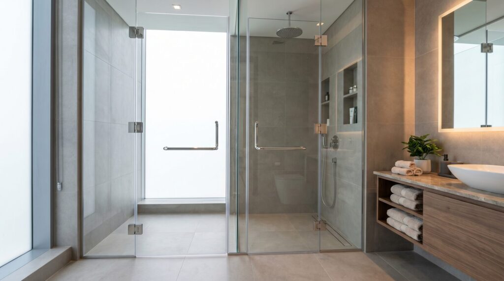 División de baño en vidrio templado con herrajes en acero inoxidable instalada en apartamento de Medellín
