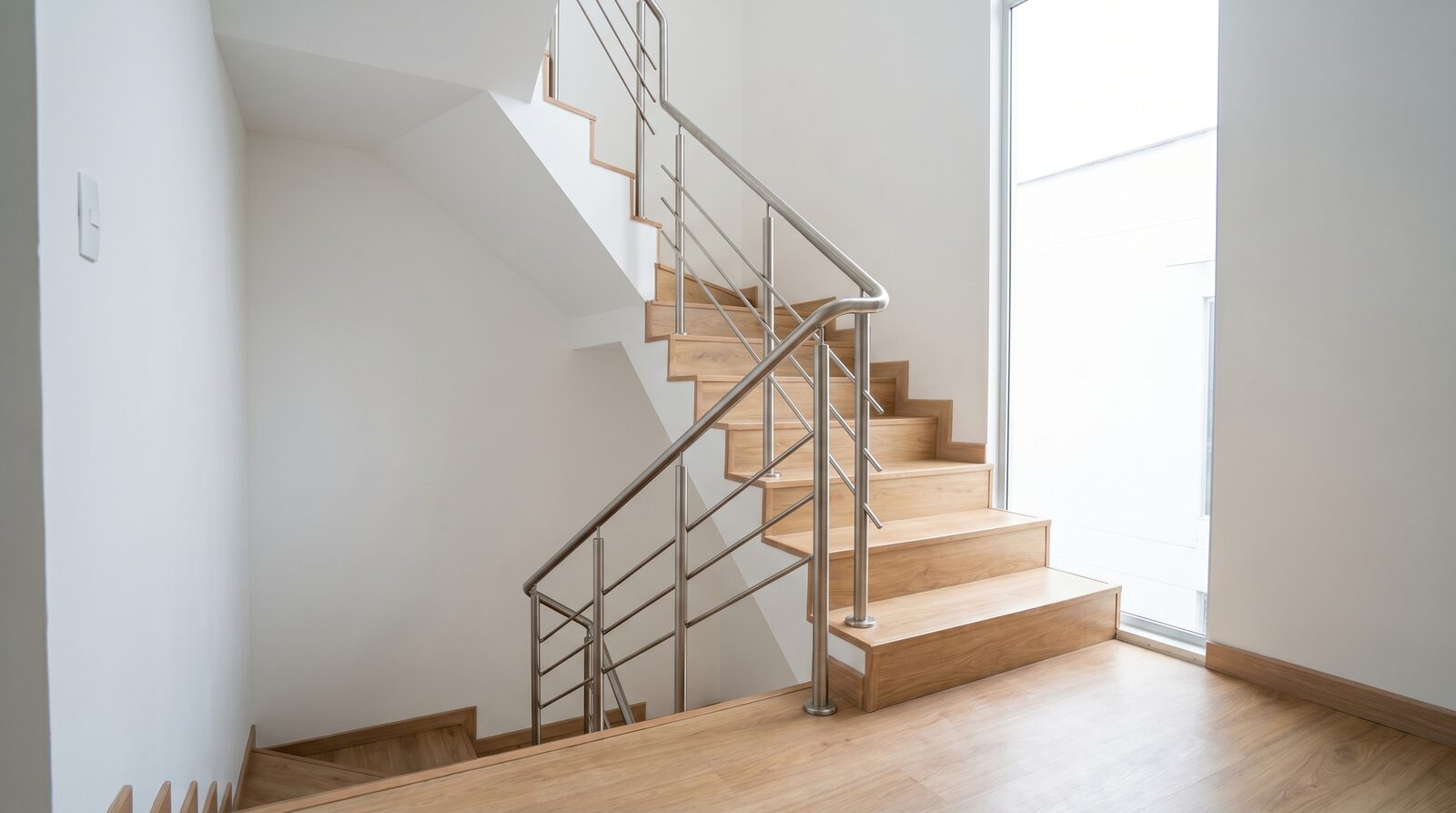 Pasamanos en acero inoxidable para escalera instalado en una casa moderna