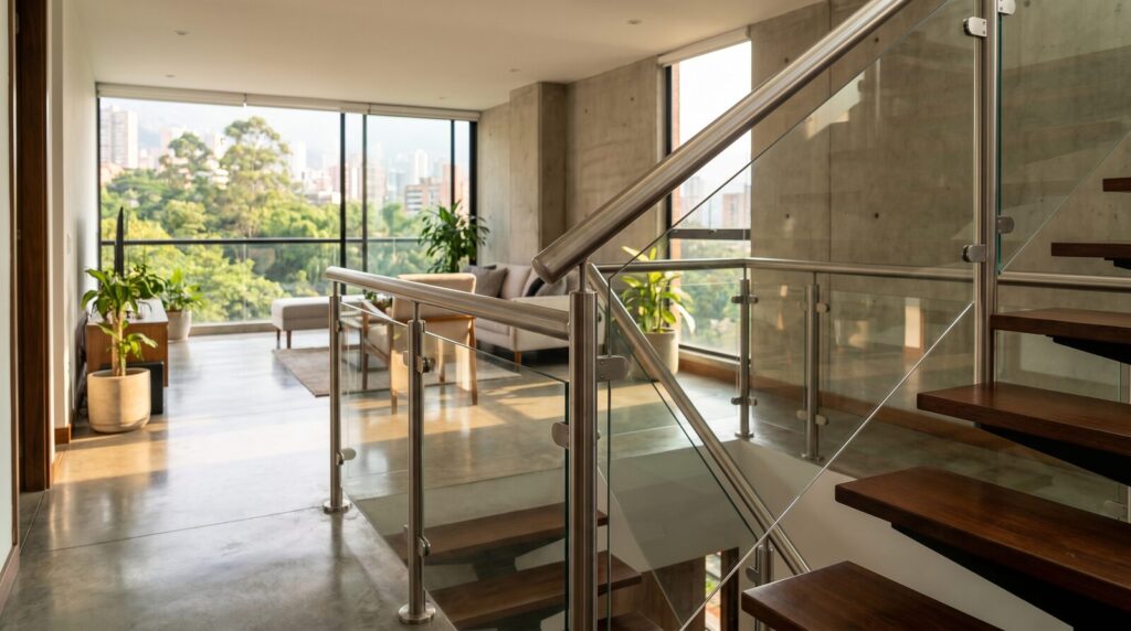 Baranda de escalera en acero inoxidable y vidrio templado instalada en un apartamento de Medellín