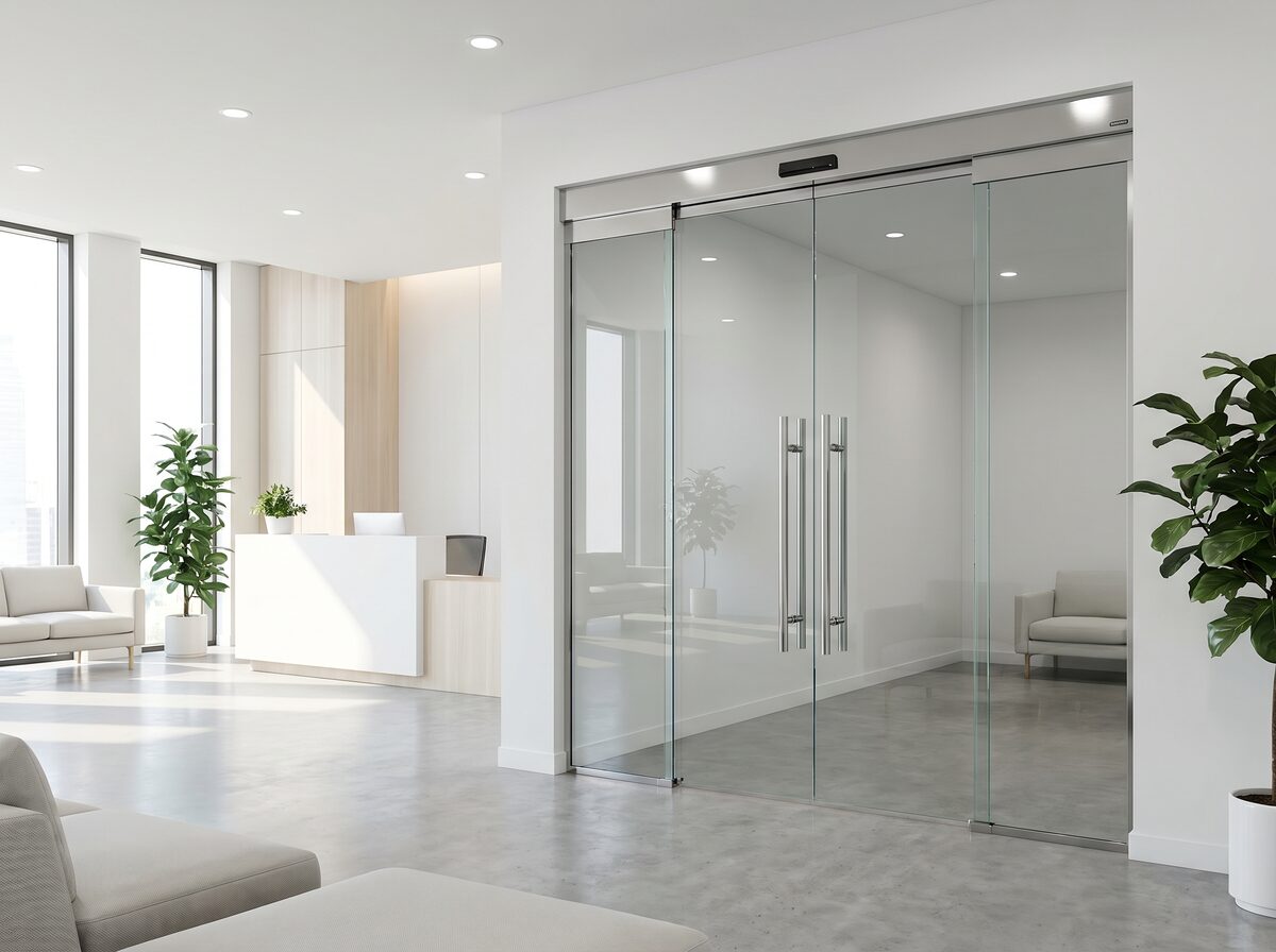 Puerta automática de vidrio en clínica o consultorio, Medellín