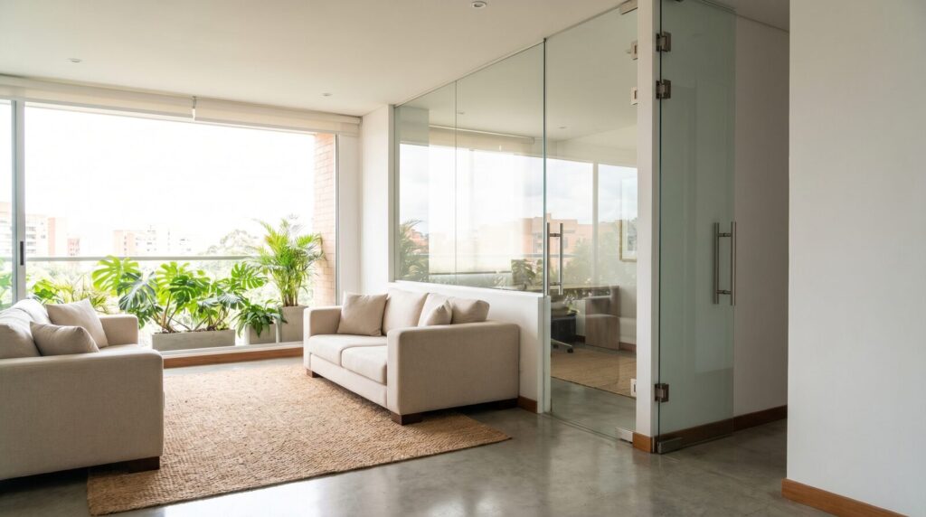 Puerta y división en vidrio templado con herrajes de acero inoxidable en un interior moderno